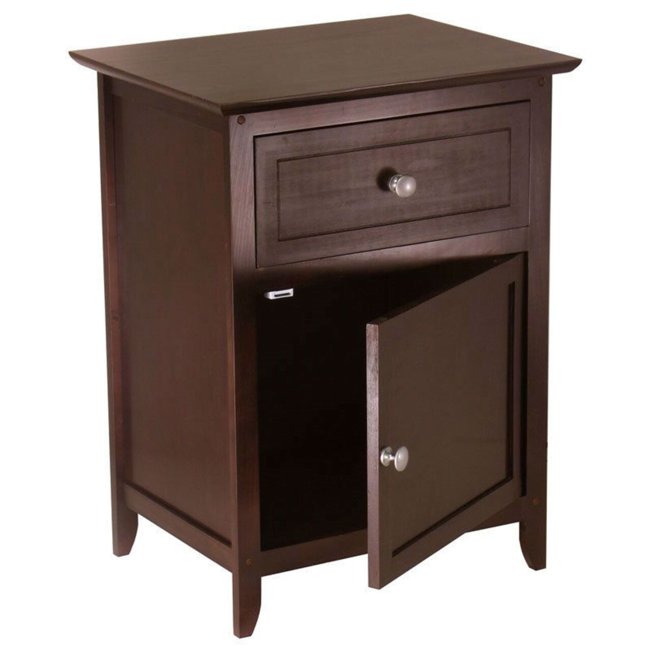 Modern Antique Walnut Wooden Nightstand with 1 Drawer and 1 Cabinet Satin Nickel Knobs